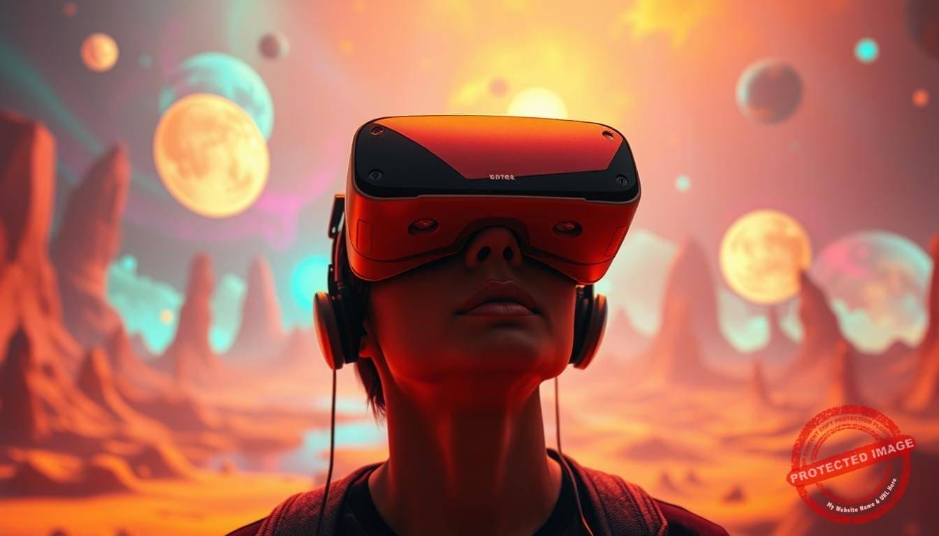 A surreal and immersive virtual reality scene, showcasing the power of cutting-edge technology to transform digital art. In the foreground, a person is fully immersed in a vibrant, futuristic landscape, their gaze transfixed by the captivating visuals. The middle ground features a sleek, futuristic VR headset and controllers, conveying the seamless integration of the virtual and physical realms. The background is a rich, dreamlike environment, with abstract geometric shapes and vibrant hues that dance and morph, creating a mesmerizing and awe-inspiring atmosphere. Warm, diffused lighting casts a ethereal glow, enhancing the sense of depth and dimensionality. Captured with a wide-angle lens, the image conveys a profound sense of scale and immersion, inviting the viewer to step into this captivating digital world.
