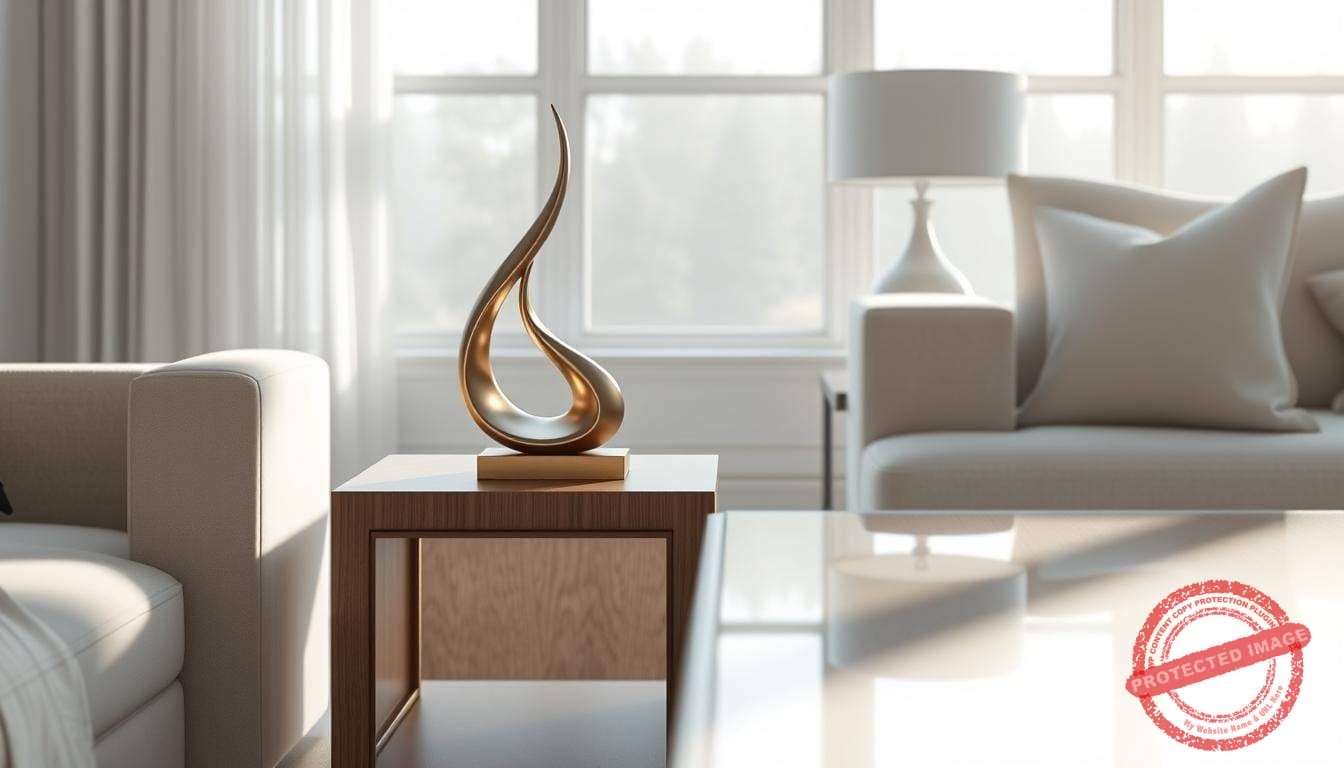 A serene, minimalist digital artwork depicting a single decorative piece thoughtfully placed within a well-appointed, sun-dappled interior. The piece is a sleek, modern sculpture with clean, flowing lines, cast in a warm metallic finish that catches the soft, ambient light filtering through large windows. The sculpture is the focal point, positioned atop a simple, yet elegant wooden side table, its reflection mirrored in the polished surface. The background showcases a neutral, airy color palette, with muted grays and whites, allowing the sculpture to stand out subtly yet confidently. Subtle textures and organic shapes in the furnishings and decor elements create a sense of balance and harmony, complementing the sculptural form. The overall mood is one of quiet sophistication and a refined, understated aesthetic.