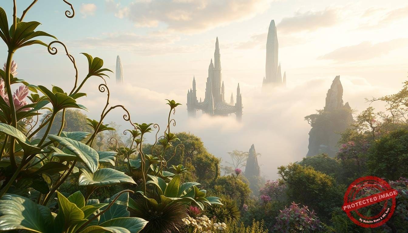Lush, otherworldly digital flora thrives in an enchanted realm. In the foreground, fantastical plants with iridescent leaves and glowing tendrils reach skyward, their organic forms intertwined with geometric patterns. In the middle ground, towering crystalline structures rise from a shimmering, mist-shrouded landscape, casting soft, diffused light. In the background, a vast, ethereal sky glows with a blend of warm and cool hues, hinting at the hybrid mythologies that have given rise to this virtual ecosystem. The scene is captured through the lens of a high-resolution camera, with a depth of field that draws the viewer's eye through the layers of this captivating digital biome.